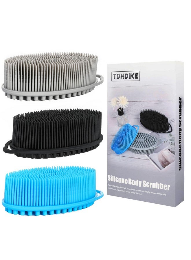TDHDIKE Silicone Loofah Exfoliating Body Scrubber Set Of 3 Soft Bath Sponge/Shower Brush For Sensitive Kids Women Men All Kinds Of Skin (Black/Gray/Blue)  - Image 1