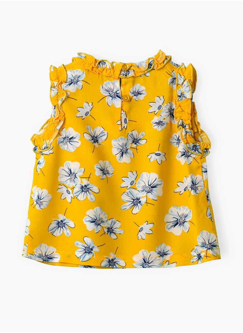 Jelliene Girls Yellow Floral Sleeveless Ruffle Top  - Image 2