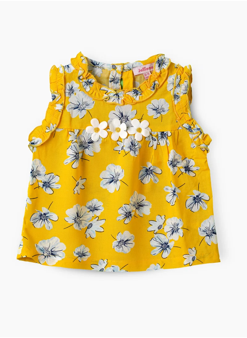 Jelliene Girls Yellow Floral Sleeveless Ruffle Top