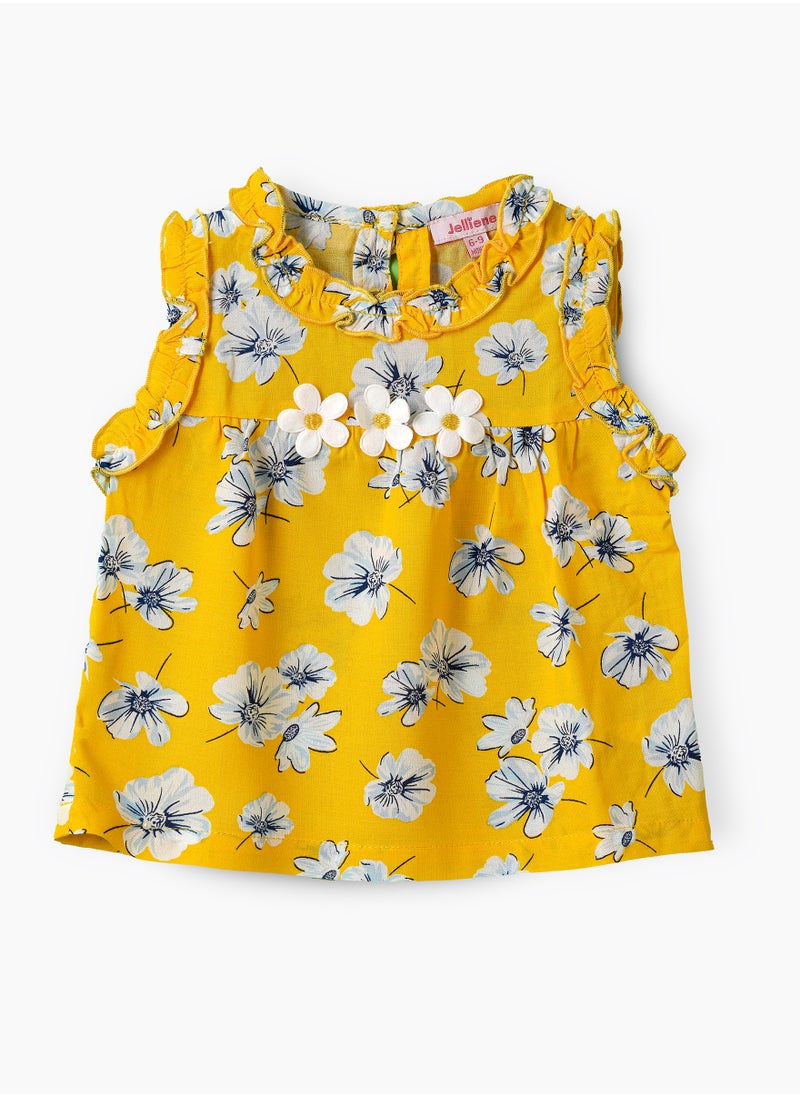 Jelliene Girls Yellow Floral Sleeveless Ruffle Top  - Image 1