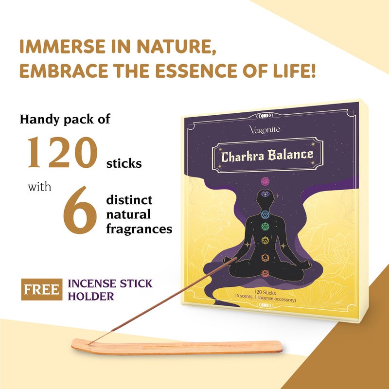 Varonite Incense Sticks - Charka Balance Incense Stick Variety Pack of 6 (120 Insence-Sticks) with Holder: Sandalwood, Bergamot, Jasmine, Lavender, Rose, Vanilla â€“ 7 Chakras Inscents-Stick - Image 2