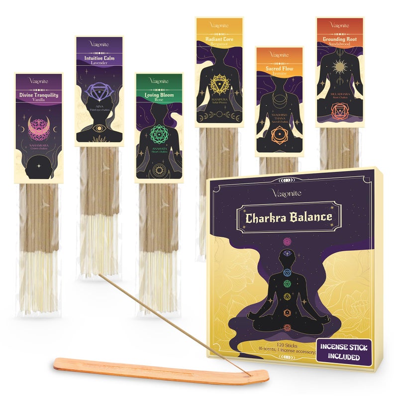 Varonite Incense Sticks - Charka Balance Incense Stick Variety Pack of 6 (120 Insence-Sticks) with Holder: Sandalwood, Bergamot, Jasmine, Lavender, Rose, Vanilla â€“ 7 Chakras Inscents-Stick - Image 1