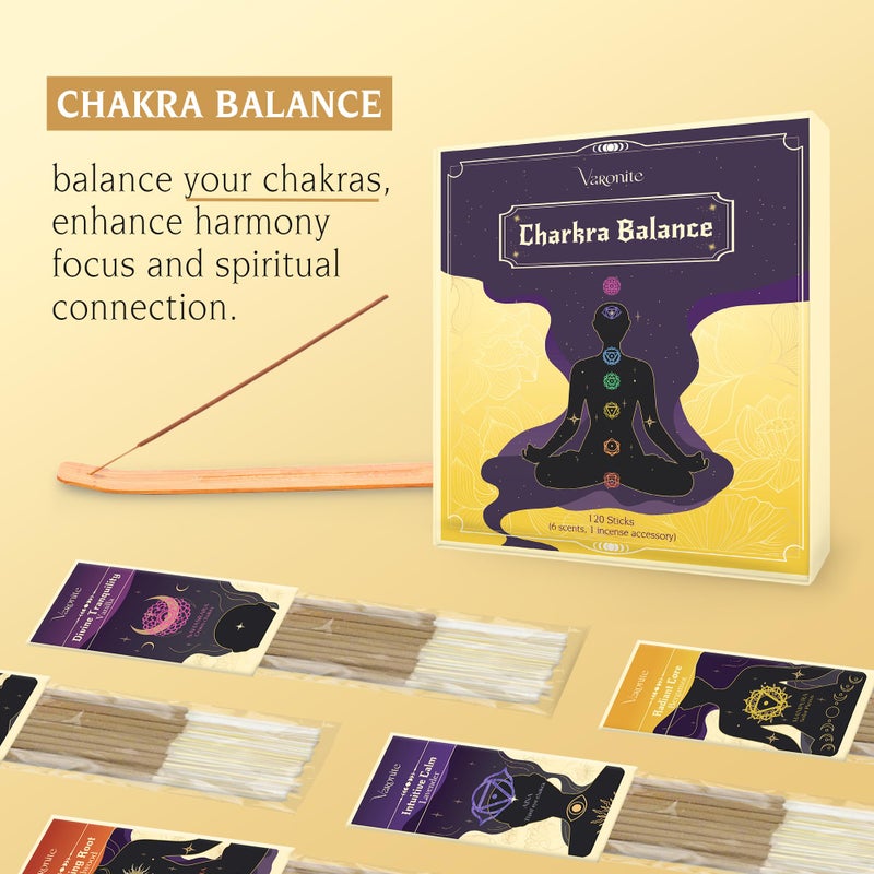Varonite Incense Sticks - Charka Balance Incense Stick Variety Pack of 6 (120 Insence-Sticks) with Holder: Sandalwood, Bergamot, Jasmine, Lavender, Rose, Vanilla â€“ 7 Chakras Inscents-Stick - Image 5