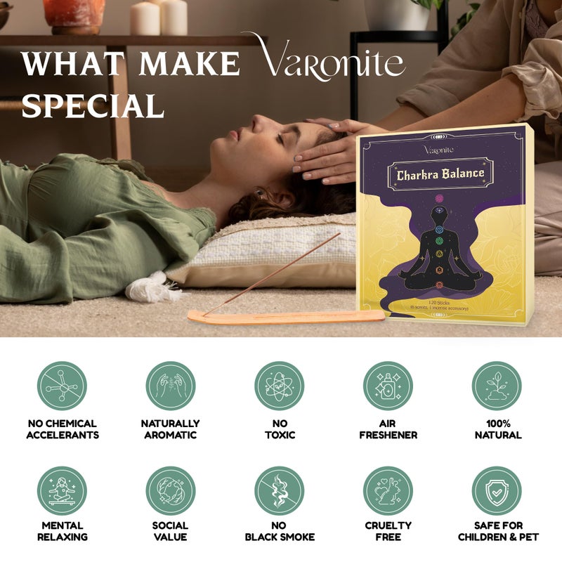 Varonite Incense Sticks - Charka Balance Incense Stick Variety Pack of 6 (120 Insence-Sticks) with Holder: Sandalwood, Bergamot, Jasmine, Lavender, Rose, Vanilla â€“ 7 Chakras Inscents-Stick - Image 4