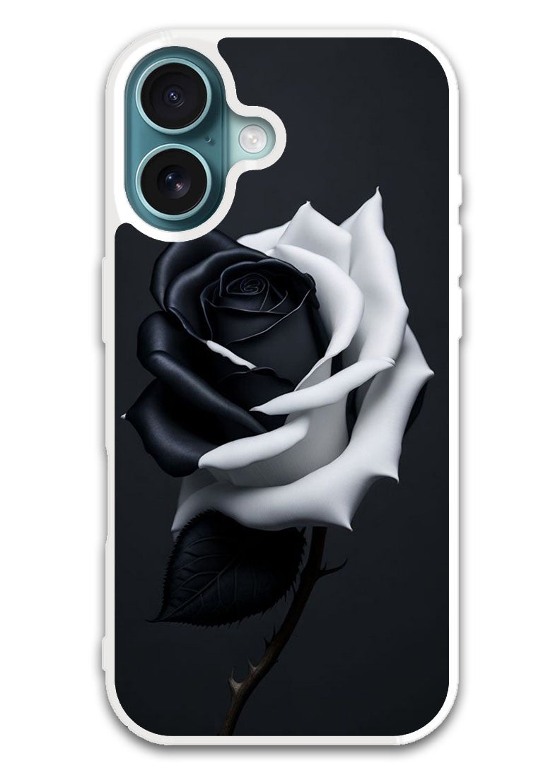 Theodor Protective Case Cover For APPLE IPHONE 16 Plus Black and White Rose (White Bumper) - Image 1