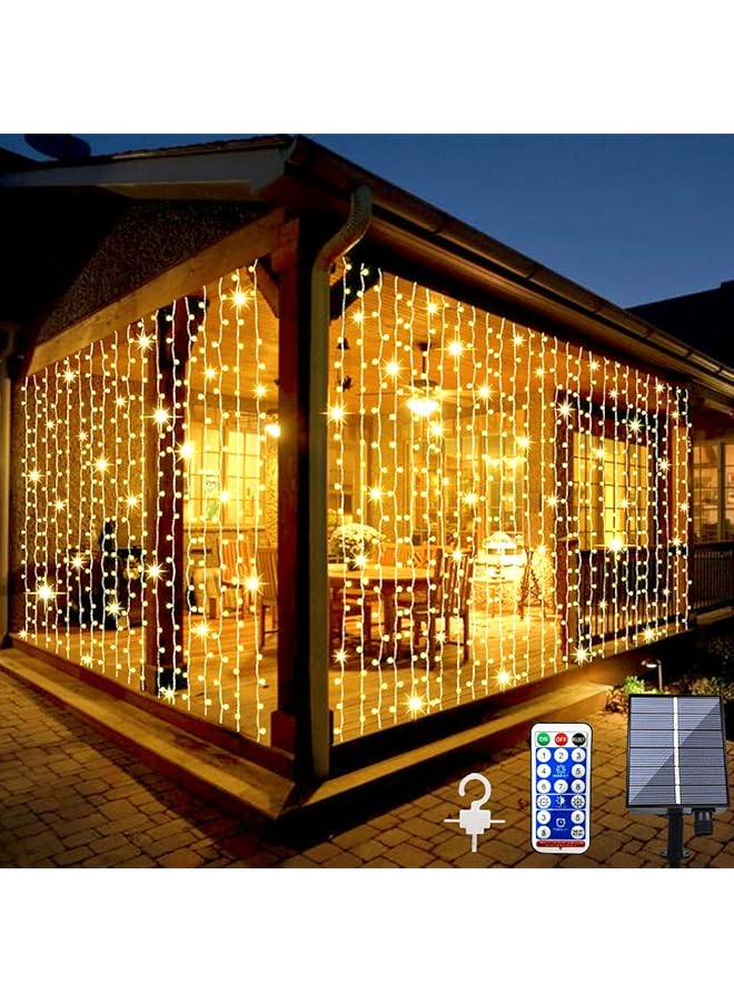 The Bros Upgraded Solar Curtain Lights Outdoor Garden Fairy String Lights 300 LED 8 Modes Remote Control Waterproof Waterfall Lights for Gazebo Patio Party Festival Wedding Christmas Decorations(Warm)  - Image 1