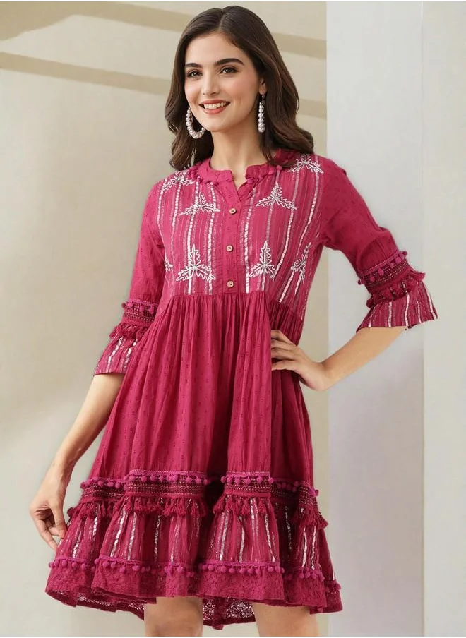 آي شين Festive Women Wine Cotton Dress with Embroidered pattern and features a Round neckline and Three-Fourth Sleeve secured with closure and styled in Straight Fit ideal for Festive moments — exude elegance in every glance.