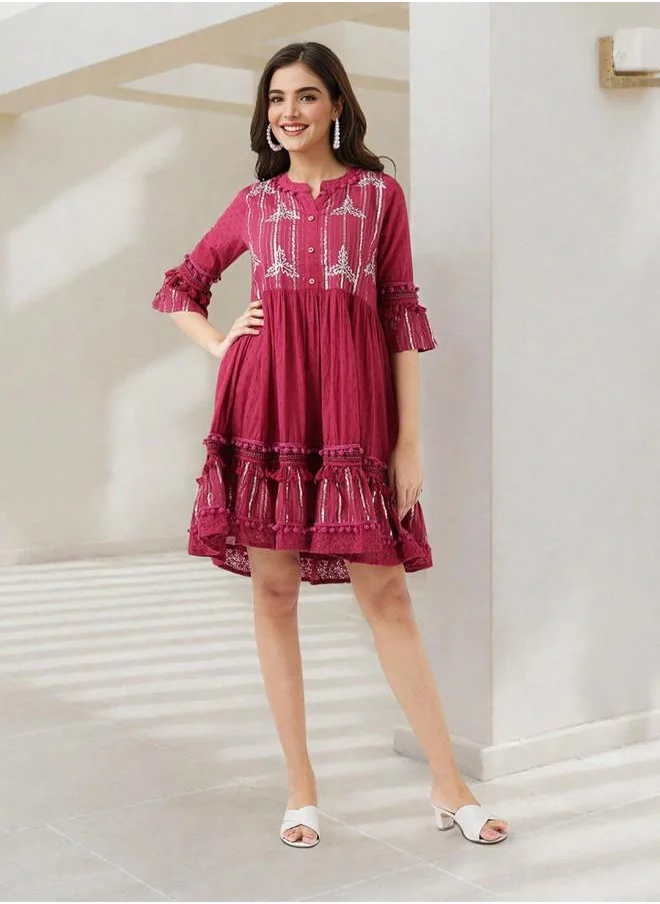 آي شين Festive Women Wine Cotton Dress with Embroidered pattern and features a Round neckline and Three-Fourth Sleeve secured with closure and styled in Straight Fit ideal for Festive moments — exude elegance in every glance.