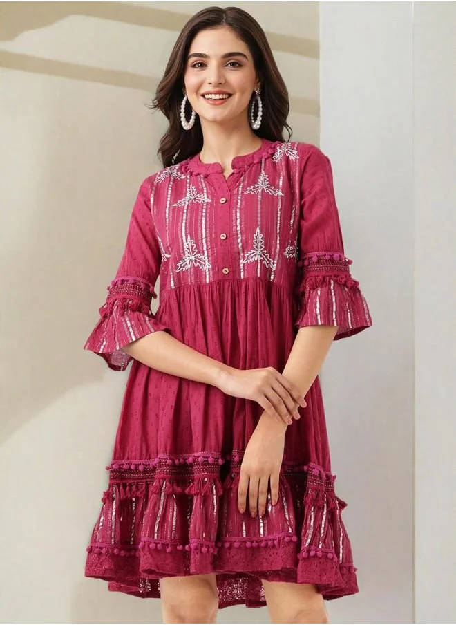 آي شين Festive Women Wine Cotton Dress with Embroidered pattern and features a Round neckline and Three-Fourth Sleeve secured with closure and styled in Straight Fit ideal for Festive moments — exude elegance in every glance.