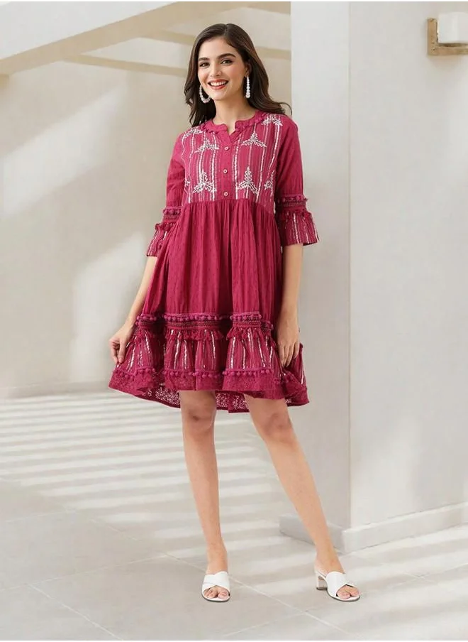 آي شين Festive Women Wine Cotton Dress with Embroidered pattern and features a Round neckline and Three-Fourth Sleeve secured with closure and styled in Straight Fit ideal for Festive moments — exude elegance in every glance.