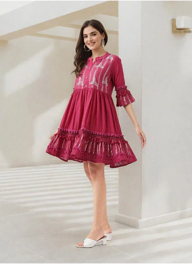 آي شين Festive Women Wine Cotton Dress with Embroidered pattern and features a Round neckline and Three-Fourth Sleeve secured with closure and styled in Straight Fit ideal for Festive moments — exude elegance in every glance.