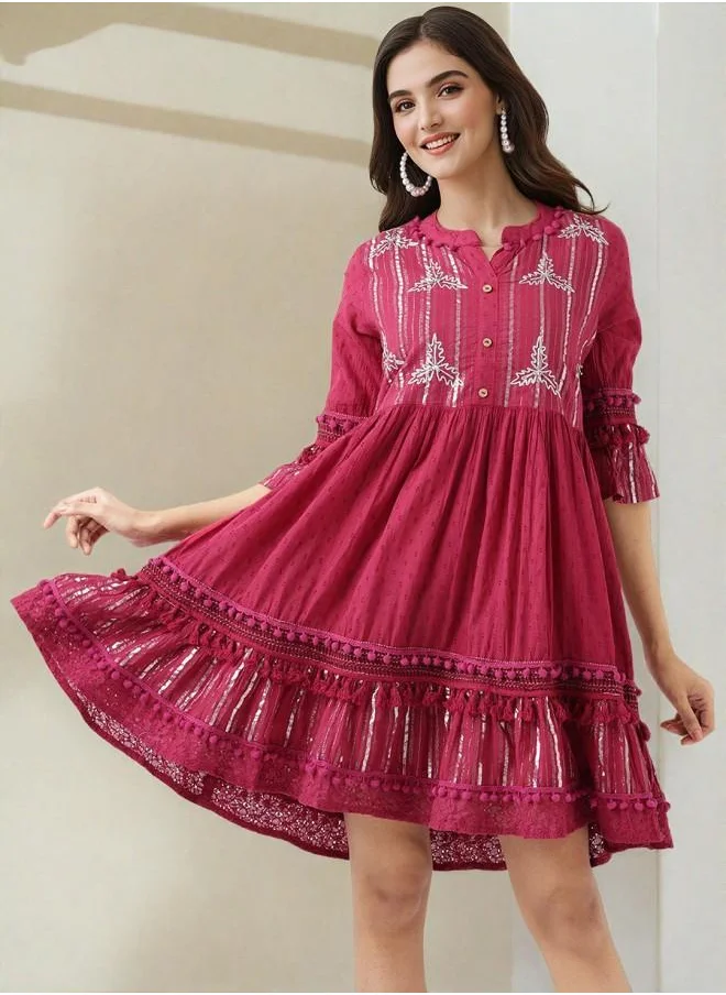 آي شين Festive Women Wine Cotton Dress with Embroidered pattern and features a Round neckline and Three-Fourth Sleeve secured with closure and styled in Straight Fit ideal for Festive moments — exude elegance in every glance.