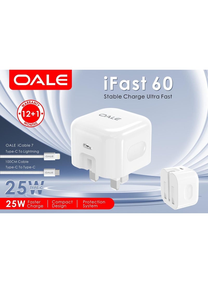 أوالي, شاحن سريع بقوة 25 وات مع كابل من Type-C إلى Lightning ومن Type-C إلى Type-C - محول حائط صغير الحجم مع ضمان لمدة عام - شحن فائق السرعة وآمن - Image 2