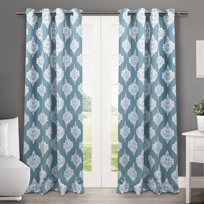 EXCLUSIVE HOME Medallion Room Darkening Blackout Grommet Top Curtain Panel Pair, 52"x84", Teal - Image 1