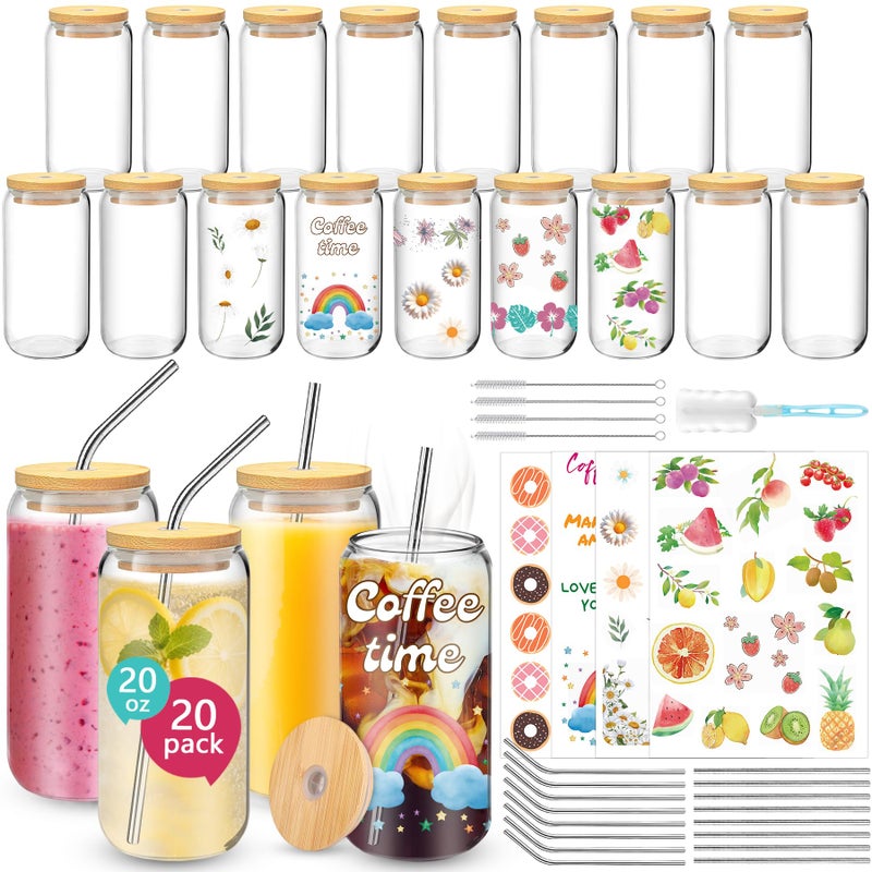 BGraceyy 20 oz 20-Pack Glass Cups with Lids and Straws + DIY Stickers, Reusable Beer Can Drinking Glasses with Bamboo Lids and Metal Straws, Aesthetic Glass Coffee Cups with Lids for Iced ï¼† Hot Drinks - Image 1