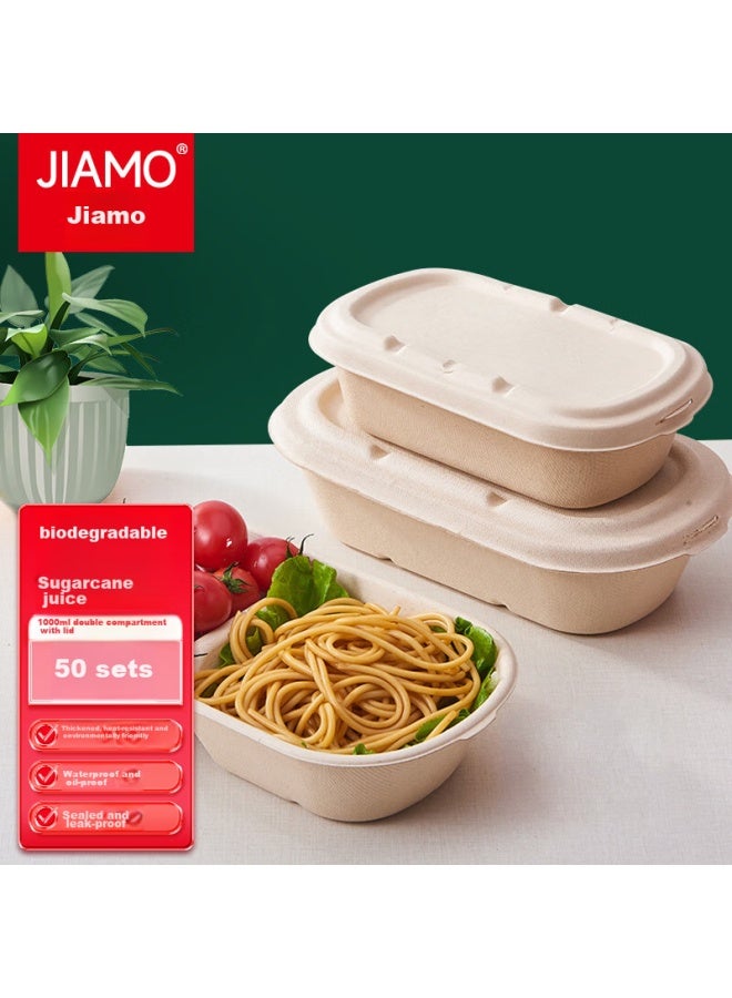 Jiamo Biodegradable Double-compartment 1000ml*50 Set Disposable Salad Lunch Box, Sugarcane Pulp Takeout Container - Image 1