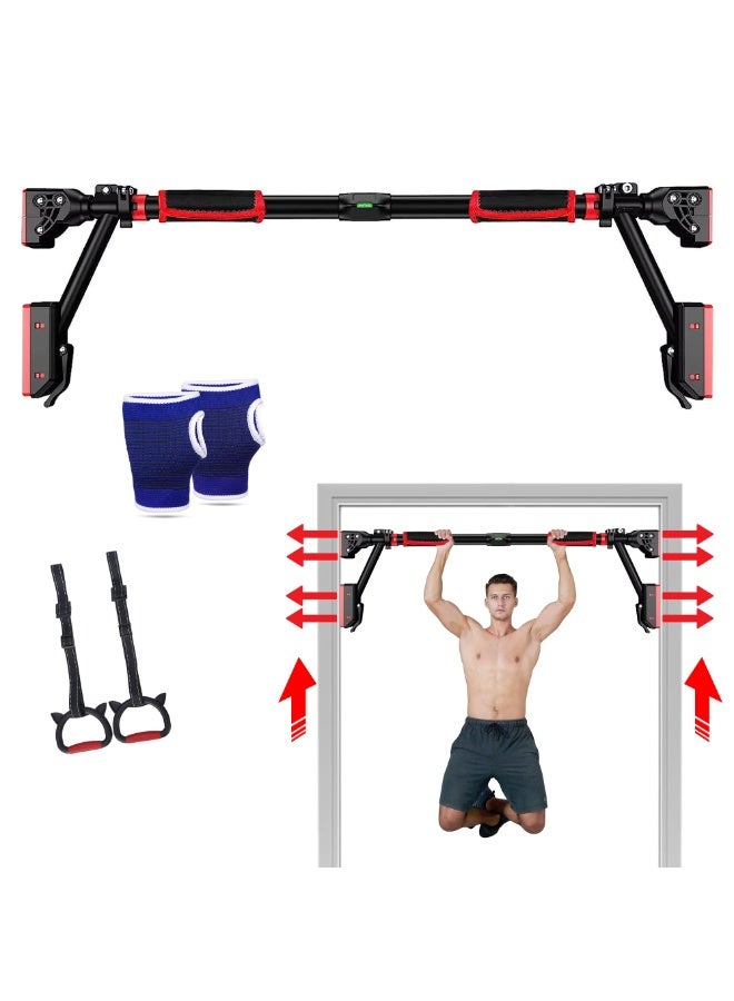 BOLTIX Pull Up Bar - Two-way Support Strength Training Chin up Bar for Doorway, 1 Pair of Gym Rings, 1Pair of Gloves, Portable Pullup Bar for Gym Exercise Fitness with Level Meter (Black, Pack of 3) - Image 1