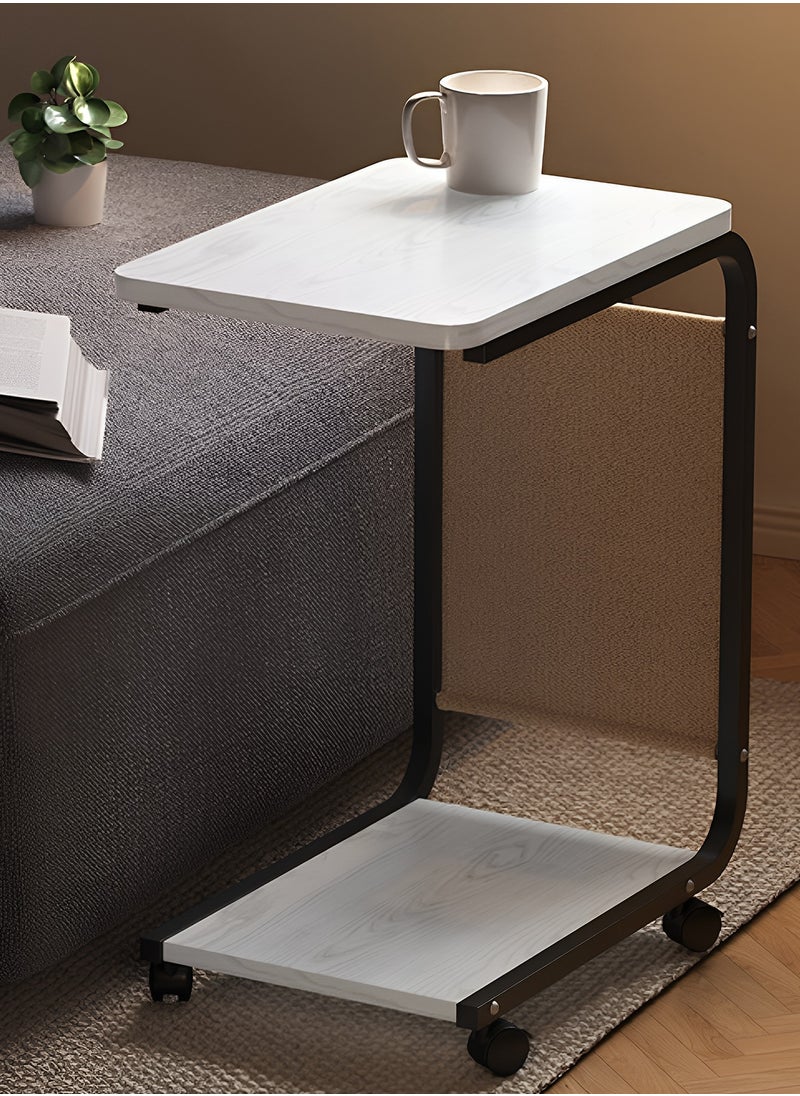 Taimi C-Shaped Side Table with Wheels and Storage Bag, Modern Design Coffee Table, Bedside or Sofa Table For Living Room and Bedroom 45x30x63CM - White Color with Black Frame  - Image 1