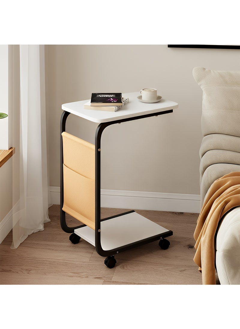 Taimi C-Shaped Side Table with Wheels and Storage Bag, Modern Design Coffee Table, Bedside or Sofa Table For Living Room and Bedroom 45x30x63CM - White Color with Black Frame  - Image 2