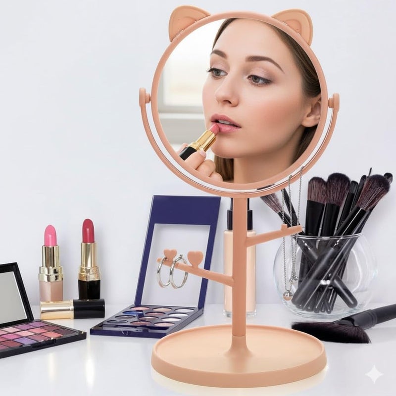 MINI Cosmetic Mirror with Storage Tray Cat Ears Adjustable Vanity Mirror with Small Stand for Makeup, Makeup Mirror with Desktop, Cosmetic Mirrors -1pc -multicolor and multi design-18cm*10cm - Image 3