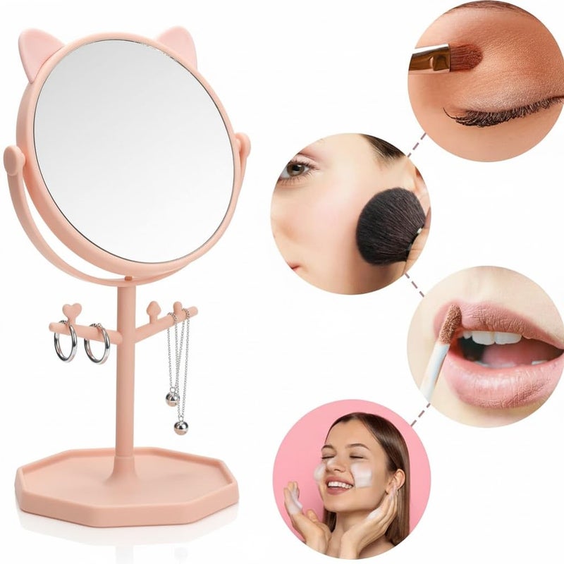 MINI Cosmetic Mirror with Storage Tray Cat Ears Adjustable Vanity Mirror with Small Stand for Makeup, Makeup Mirror with Desktop, Cosmetic Mirrors -1pc -multicolor and multi design-18cm*10cm - Image 2
