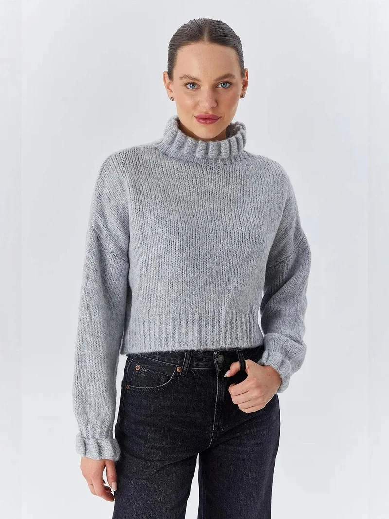 MixRay Mixray Thick Turtleneck Textured Crop Sweater