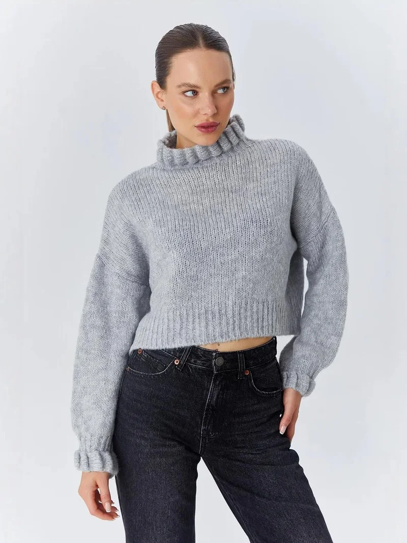MixRay Grey Mixray Thick Turtleneck Textured Crop Sweater for Women | Best Price UAE