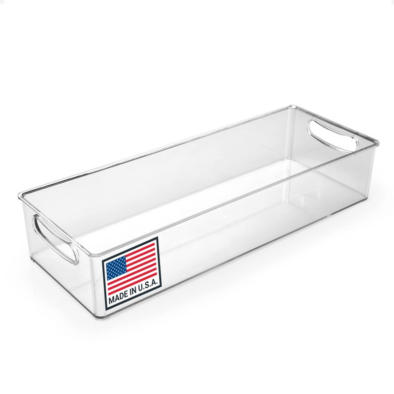Pikanty  15Inch Refrigerator Organizer Bin with Handles  Clear Plastic Storage for Fridge Pantry or Countertop  Dishwasher Safe  Made in the USA