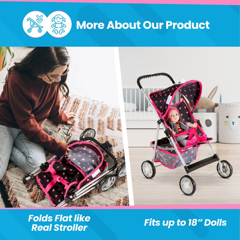 Kinderplay Baby Doll Stroller | Pram for Girls | Umbrella Stroller for Kids - Lightweight Play Carriage for Ages 2+ Years | Baby Doll Accessories with Storage | 22.05-Inch Handle Height, Model KP0280R - Image 3
