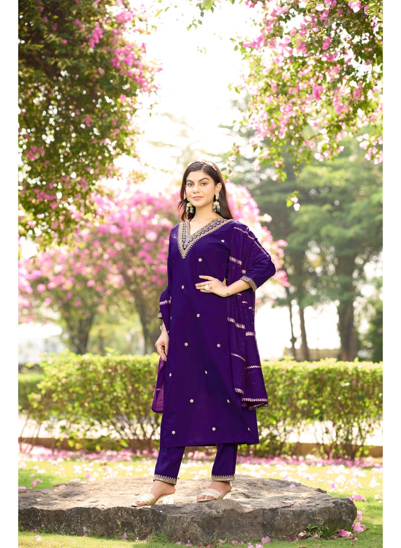 VISHVA CREATION Violet Embroidered Kurta Suit Set for Women - Image 2