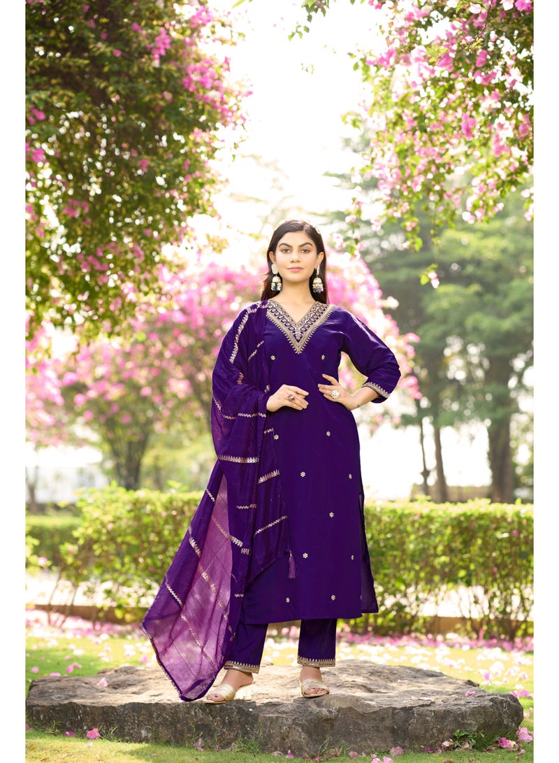 VISHVA CREATION Violet Embroidered Kurta Suit Set for Women - Image 3