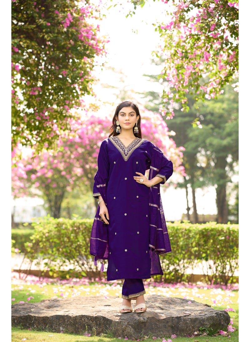 VISHVA CREATION Violet Embroidered Kurta Suit Set for Women - Image 1