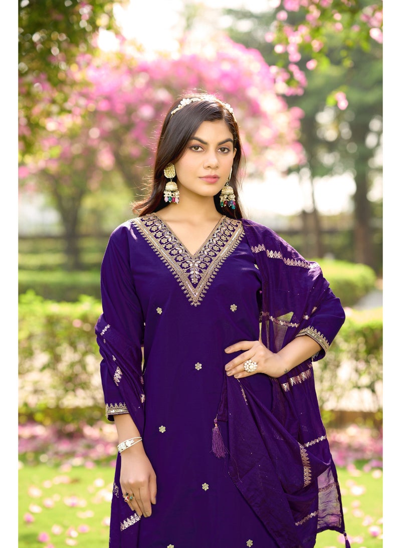 VISHVA CREATION Violet Embroidered Kurta Suit Set for Women - Image 5