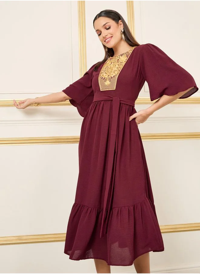 Styli Styli Embroidered 3/4 Sleeve Tiered Midi Dress with Tie Belt