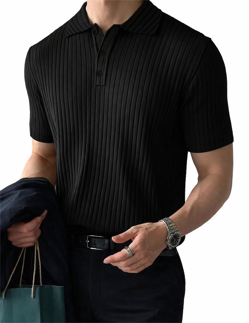 Noble Monk Solid Polo Neck Tshirt | Collar Tshirts | Half Sleeves | Plain-Regular Fit Textured Tshirt for Man Black - Image 5