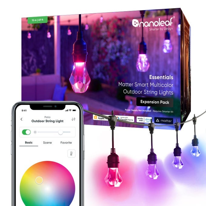 ESSENTIALS MATTER SMART MULTICOLOR OUTDOOR STRING LIGHTS EXPANSION PACK WITH ADDRESSABLE RGBICW LED BULBS WHITE AND COLORCHANGING WIFI BLUETOOTH IP 65 WATER RESISTANT 49FT EXPANSION