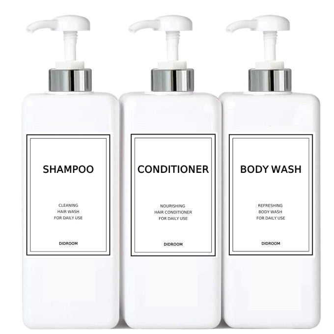 MODERN SILVER SHAMPOO AND CONDITIONER DISPENSER 21 OZ PACK OF 3 REFILLABLE PUMP BOTTLE SET EMPTY SHOWER PLASTIC BOTTLES WITH PUMP FOR BATHROOM BODY WASH SOAP AND SHOWER