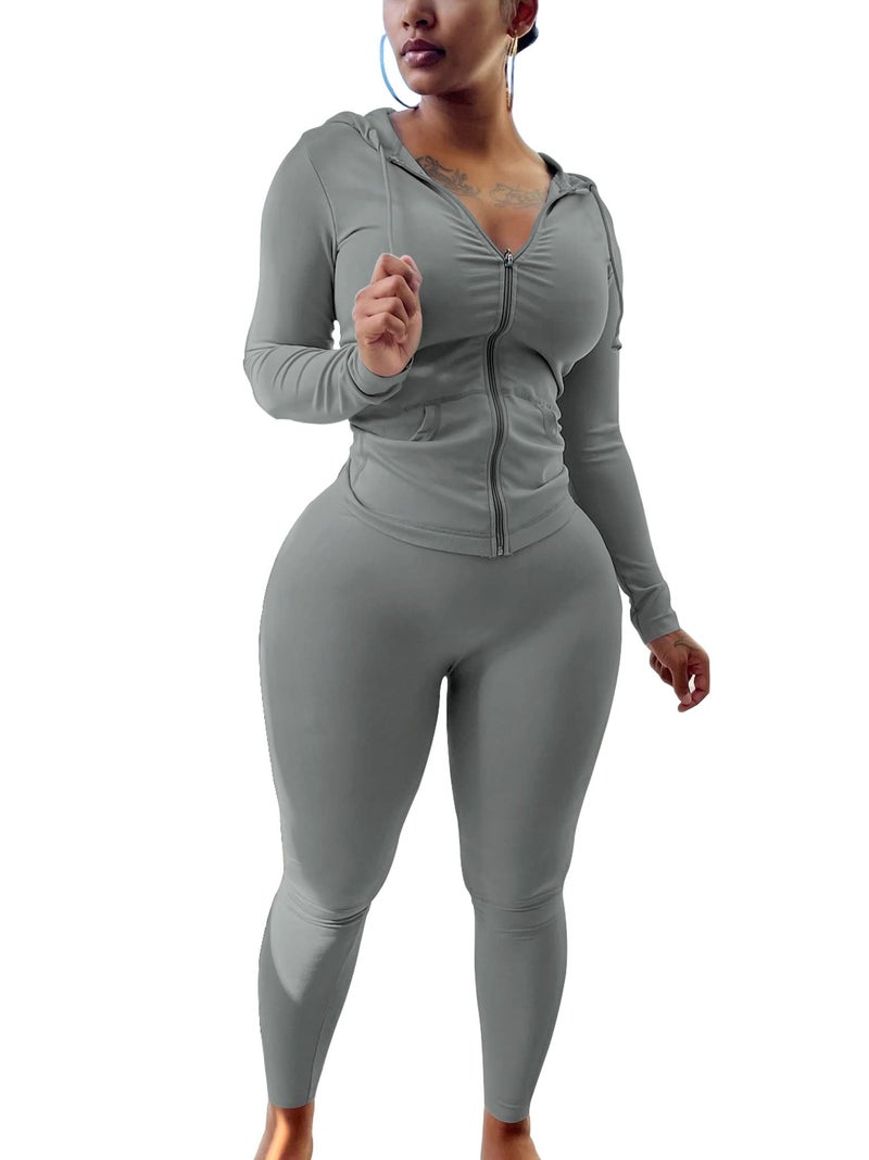 PINSV Women Two Piece Outfits Workout Sets Bodycon Tracksuit Long Sleeve Zip Up Hoodie Jacket Jogger Matching Sweat Pants Set Grey XL - Image 2