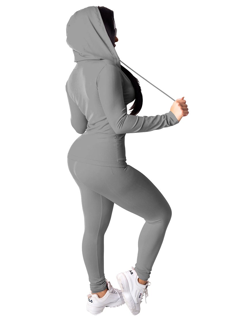 PINSV Women Two Piece Outfits Workout Sets Bodycon Tracksuit Long Sleeve Zip Up Hoodie Jacket Jogger Matching Sweat Pants Set Grey XL - Image 3