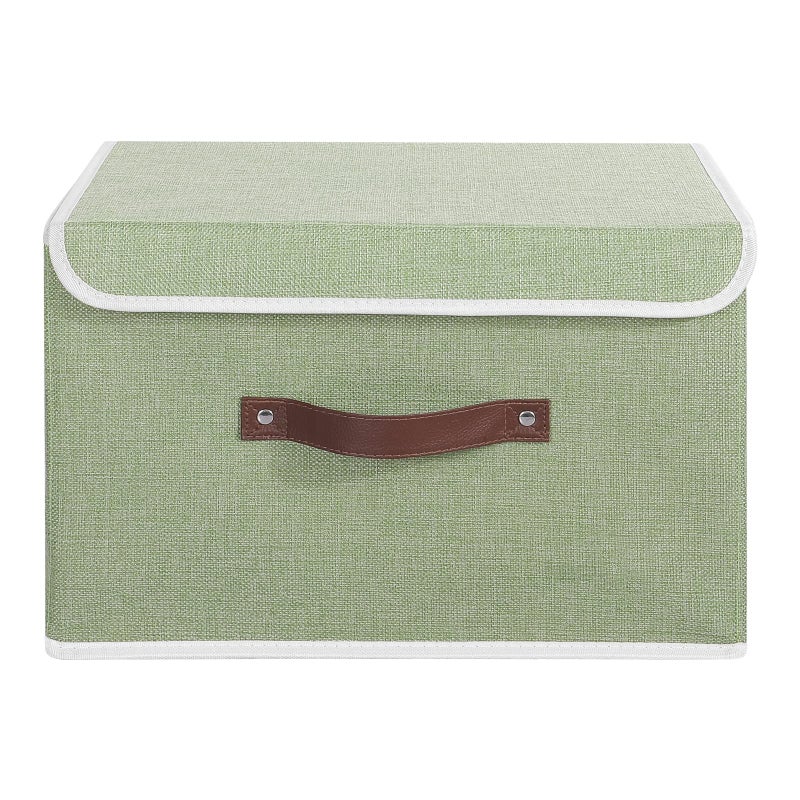 Anminy Storage Bin With Lid Storage Boxes With Pu Leather Handles Pp Plastic Board Decorative Foldable Lidded Cotton Linen Fabric Home Cubes Baskets Closet Organizer Container - Green  Large Size - Image 2