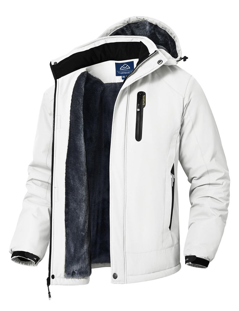 Rdruko Men's Ski Snow Jacket Waterproof Winter Insulated Fleece Hooded Outdoor Mountain Coat, White, L - Image 1