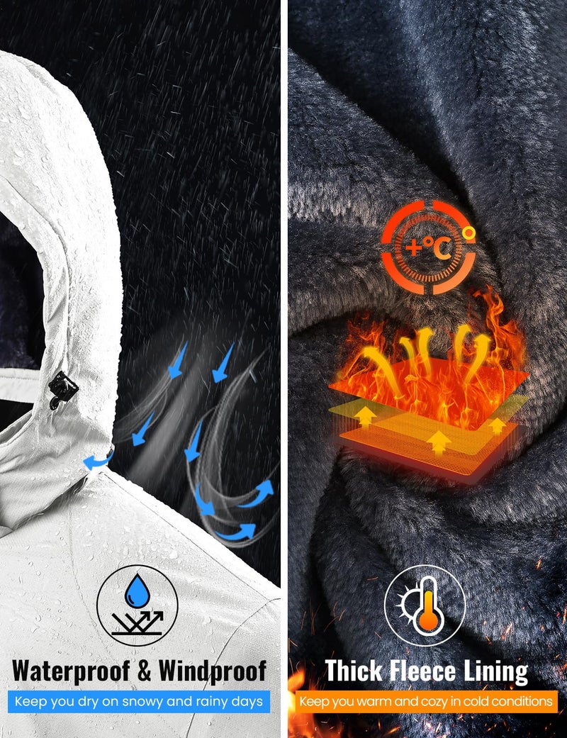 Rdruko Men's Ski Snow Jacket Waterproof Winter Insulated Fleece Hooded Outdoor Mountain Coat, White, L - Image 3