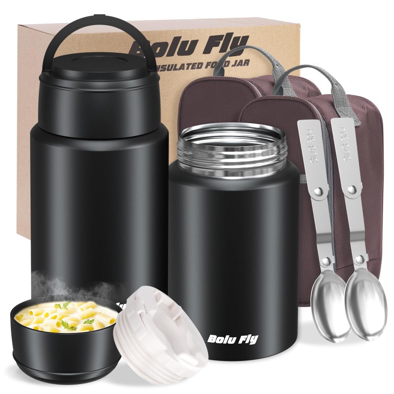 Bolu Fly 2 Pack Insulated Food Jar 18.5&27 oz Stainless Steel Thermos for Hot &Cold Food Thermal Lunch Containers Soup Thermos with Carry Bag and Folding Spoon(Black) - Image 1