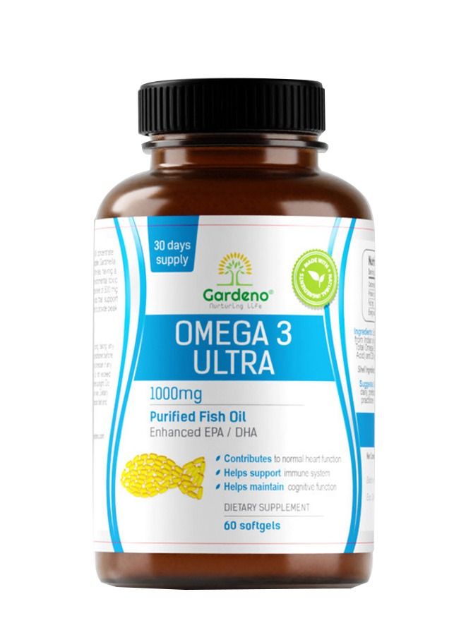 Gardeno Omega-3 Ultra 1000mg– Cardiovascular, Brain & Vision Support | Purified Fish Oil | Promotes Mental Focus & Clarity | 60 Softgels