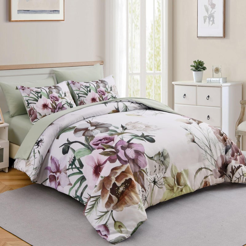 Luxudecor Floral Comforter Set Queen Size 7 Piece, Green Flower Bed in a Bag, Elegant Floral Comforter with Sheet Set, Soft Microfiber Bedding Set for All Season (Green, 90"x90") - Image 2