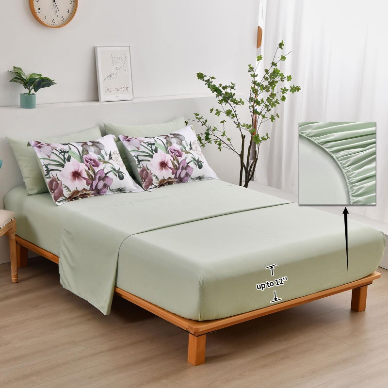 Luxudecor Floral Comforter Set Queen Size 7 Piece, Green Flower Bed in a Bag, Elegant Floral Comforter with Sheet Set, Soft Microfiber Bedding Set for All Season (Green, 90"x90") - Image 4