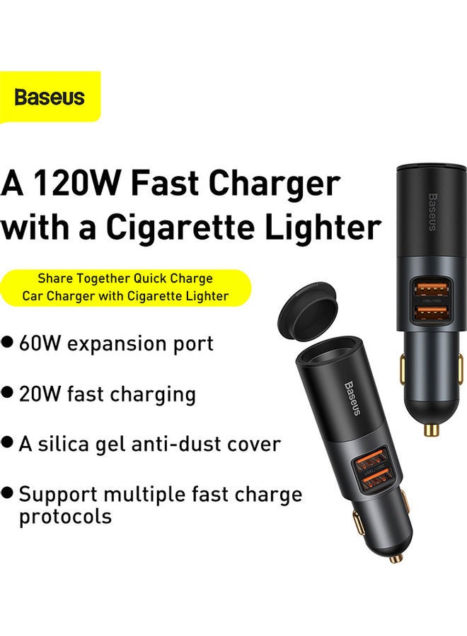 بيسوس شاحن سيارة بمنفذ USB C وقدرة 120 وات، ومنافذ USB متعددة، يعمل بتقنية الشحن السريع QC 3.0 وPD 3.0، بقدرة 30 وات + 30 وات + 60 وات، بمنفذي USB ومنافذ توسيع، ومزود بولاعة سجائر، لشحن الهواتف الذكية/ أجهزة التابلت/جهاز سويتش أسود - Image 2