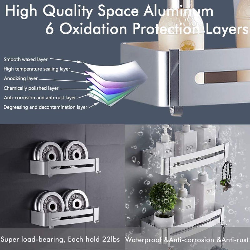 Tagve Rust-Proof Space Aluminium Bathroom 2-Tier Shelves Wall Mount Shower Racks Shelf Stand Bath Wall Storage Organizer Holder Double Floating Shelving for Shampoo Shower Gel (Silver) - Image 3