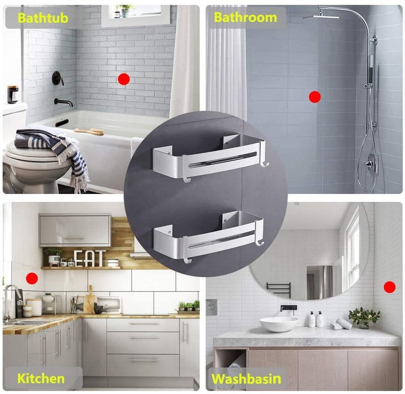 Tagve Rust-Proof Space Aluminium Bathroom 2-Tier Shelves Wall Mount Shower Racks Shelf Stand Bath Wall Storage Organizer Holder Double Floating Shelving for Shampoo Shower Gel (Silver) - Image 4