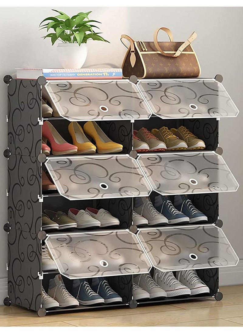Generic 6 Cube 12 Sells DIY Shoe Rack, Storage Drawer Unit Multi Use Modular Organizer Plastic Cabinet with Doors, Black and White Curly Pattern  - Image 1